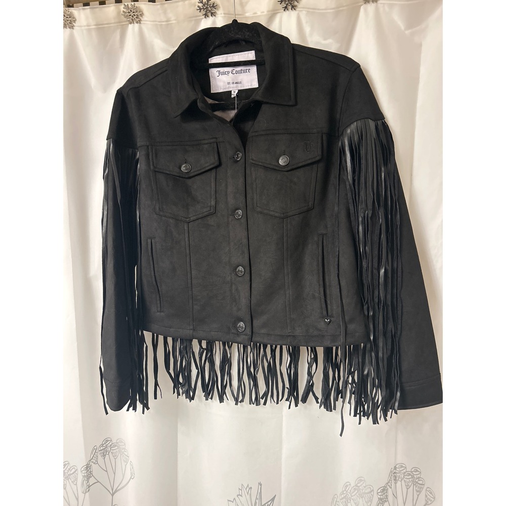 Juicy Couture Fringed Truckerā Jacket Black Faux Suede Leather size Med